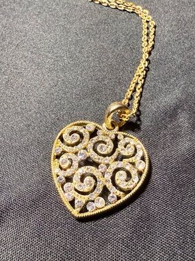 Gold-Tone Heart Pendant Necklace with Crystal Swirls